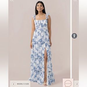 Revelry Poppy Chiffon Floral Print Dress- Dusty Blue Bouquet Size 8